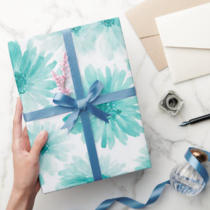 Minimal Soft Blue Mint Daisy Watercolor Pattern Wrapping Paper
