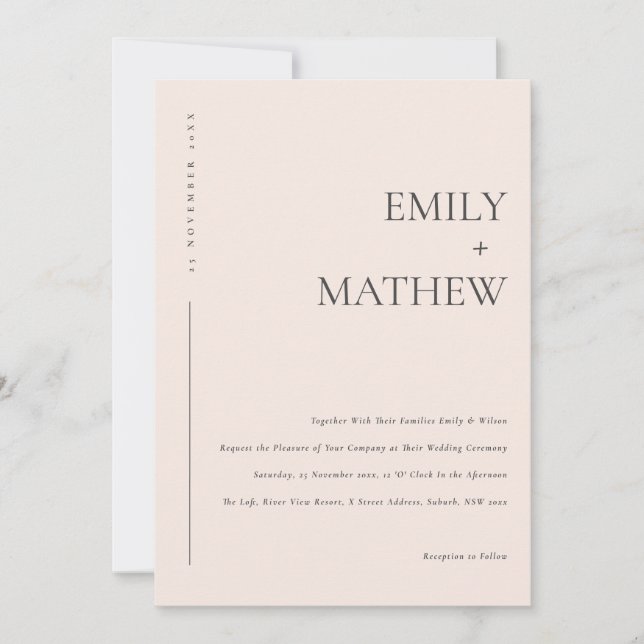 MINIMAL SOFT BLUSH PINK PEACH TYPOGRAPHY WEDDING INVITATION (Front)