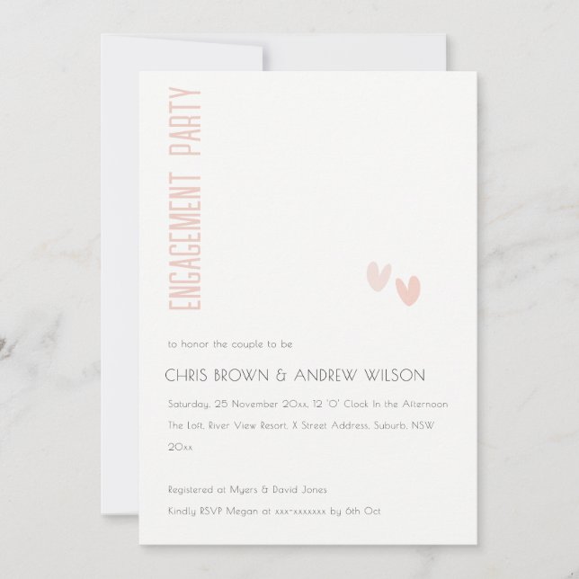 Minimal Soft Elegant Dusky Pink Hearts Engagement Invitation (Front)