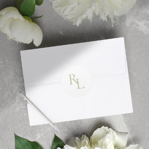 Minimal Soft Green Wedding Couple Initials Classic Round Sticker