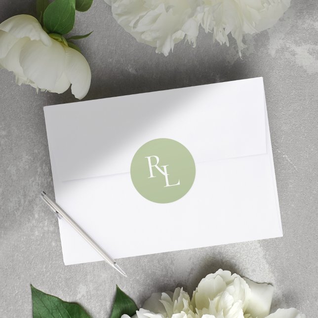 Minimal Soft Green Wedding Couple Initials  Classic Round Sticker (Creator Uploaded)