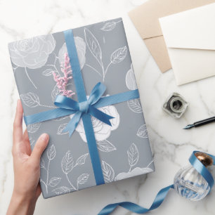 Minimal Soft Grey Rose White Floral Pattern Wrapping Paper
