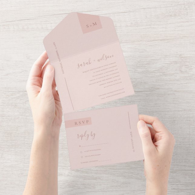 MINIMAL SOFT PASTEL BLUSH DUSKY PINK WEDDING ALL I IN ONE INVITATION (Tearaway)