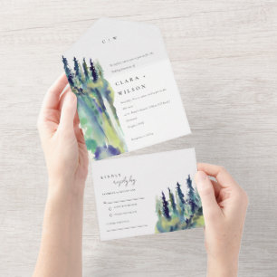 Minimal Soft Pine Tree Mountain Landscape Wedding All In One Invitation