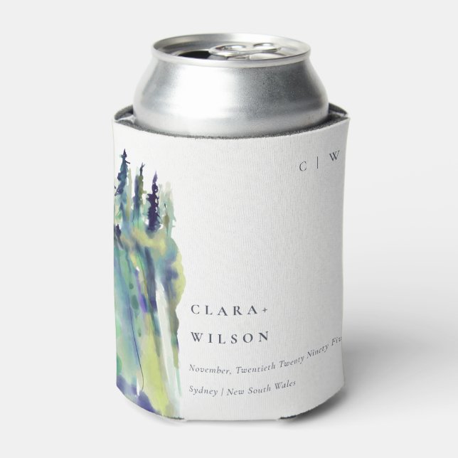 Minimal Soft Pine Tree Mountain Landscape Wedding Can Cooler (Can Front)