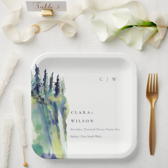 Minimal Soft Pine Tree Mountain Landscape Wedding Paper Plate (Wedding)