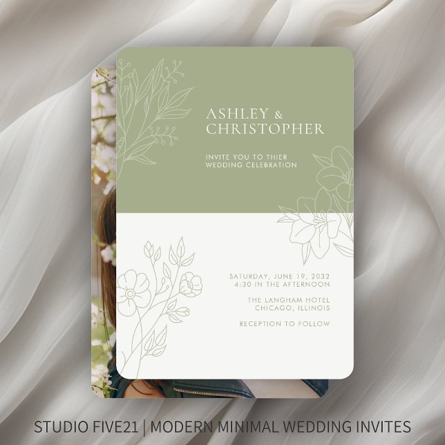 Minimal Soft Sage Foliage Outline Photo Wedding Invitation (Creator Uploaded)