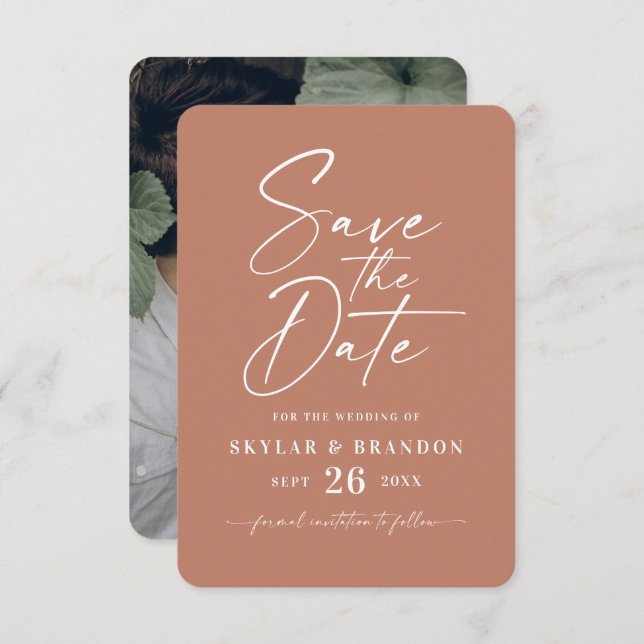 Minimal Solid Clay Terracotta Colour Wedding Save The Date (Front/Back)