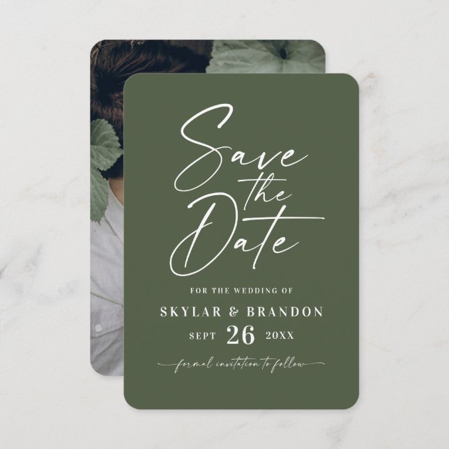 Minimal Solid Monstera Dark Green Colour Wedding Save The Date (Front/Back)