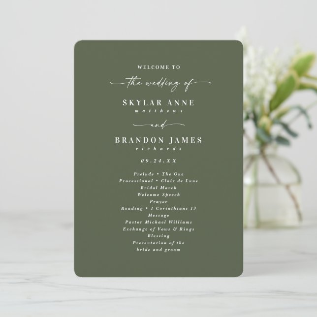 Minimal Solid Monstera Green Wedding Ceremony Programme (Standing Front)