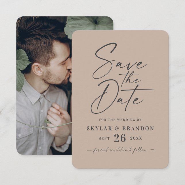 Minimal Solid Taupe Beige Colour Wedding Save The Date (Front/Back)