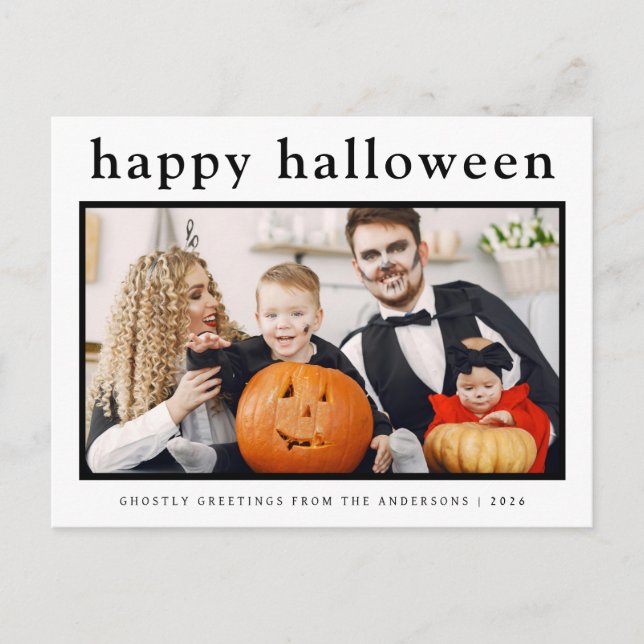 Minimal Spooky  Happy Halloween Family 1 Photo Holiday Postcard (Front)