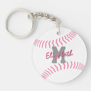 minimal sports pink grey white softball bag tag key ring