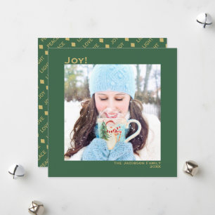 Minimal Square 1 Photo Simple Joy Green & Gold Holiday Card