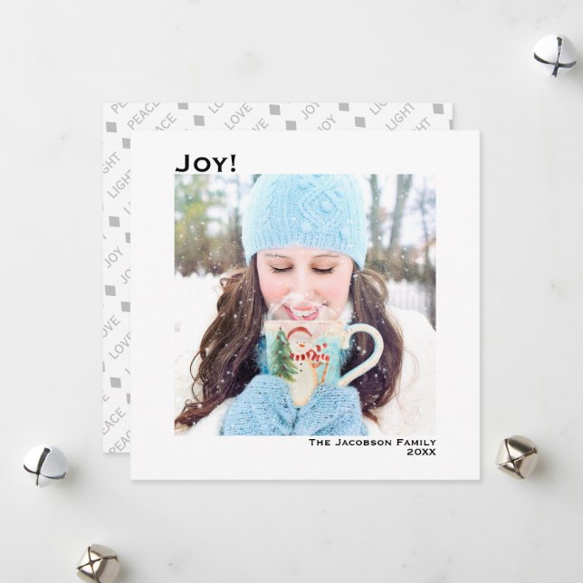 Minimal Square 1 Photo Simple Joy Peace Love Light Holiday Card (Front/Back In Situ)