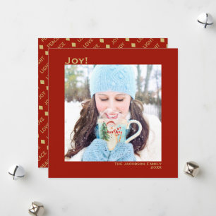 Minimal Square 1 Photo Simple Joy Red & Gold Holiday Card