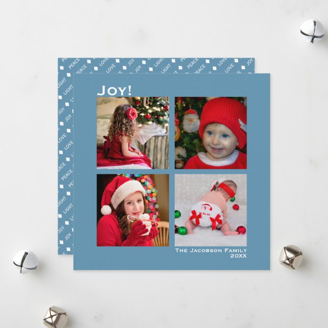 Minimal Square 4 Photo Christmas Joy Blue Holiday Card (Front/Back In Situ)