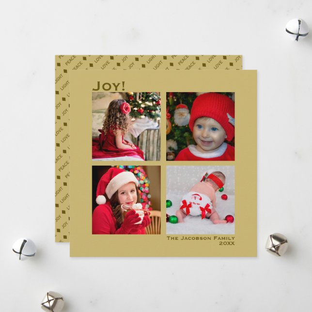 Minimal Square 4 Photo Christmas Joy Gold Holiday Card (Front/Back In Situ)
