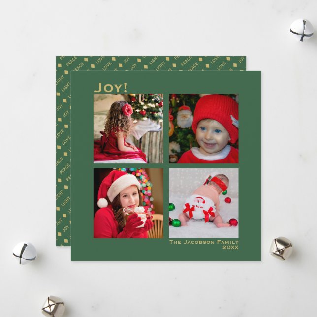 Minimal Square 4 Photo Christmas Joy Green Holiday Card (Front/Back In Situ)
