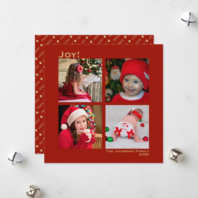 Minimal Square 4 Photo Christmas Joy Red Holiday Card (Front/Back In Situ)