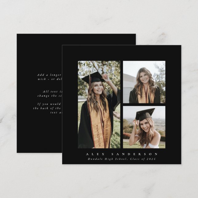 Minimal Square Black Frame Triple Photo Graduation Announcement (Front/Back)