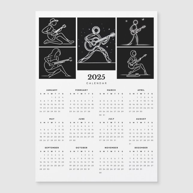 Minimal Stick Figure Guitar 2025 Magnetic Calendar (Front)