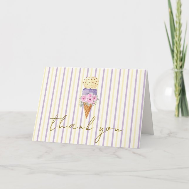 Minimal Stripe Flower Scoop Ice Cream Baby Shower Thank You Card (Front)