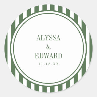 Minimal Striped Green Bride Groom Names Wedding Classic Round Sticker