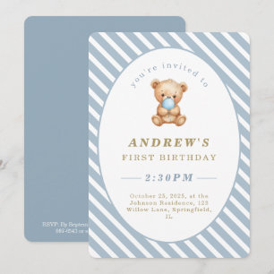 Minimal Stripes Teddy Bear First Birthday  Invitation