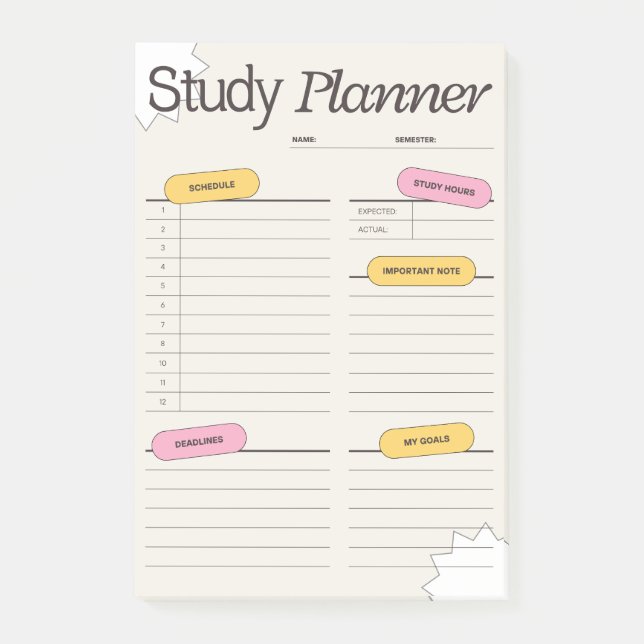 Minimal Study Planner With Hourly Schedule Post-it Notes (Front)