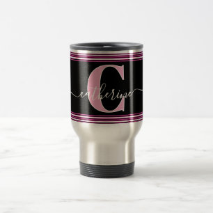 Minimal Stylish Monogram Name Black White Hot Pink Travel Mug