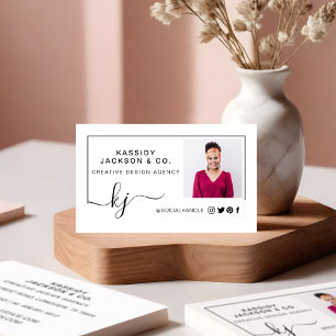 Minimal Stylish Script Monogram Frame Photo White Business Card