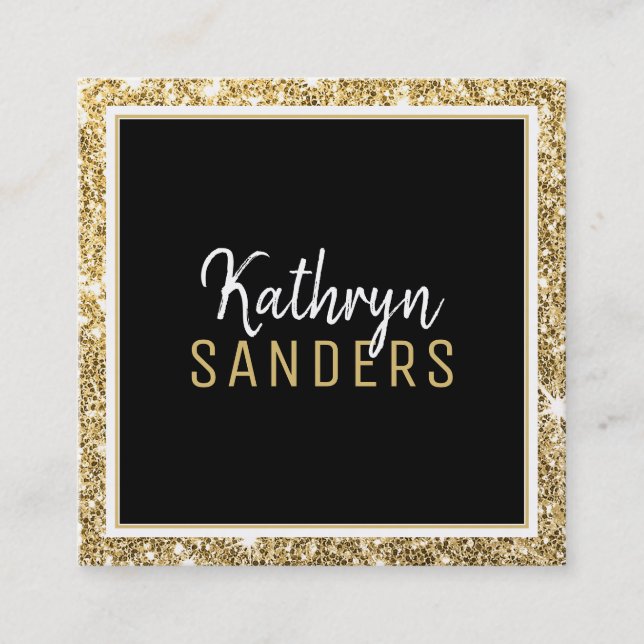 MINIMAL STYLISH simple border gold glitter black Square Business Card (Front)