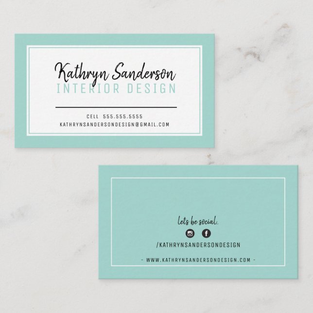 MINIMAL STYLISH simple border mint green black Business Card (Front/Back)