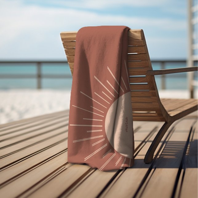 Minimal Sun Monogram Terracotta Fall Bachelorette Beach Towel (Personalized Beach Towel | Minimalist Monogram | Peach Pink Bachelorette Party Favor)