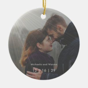 Minimal Sunrays Photo First Christmas Wedding Ceramic Tree Decoration