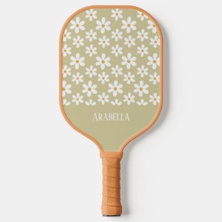 Minimal Tan and White Daisies Personalised Boho Pickleball Paddle