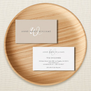 Minimal Tan White Script Monogram Business Card