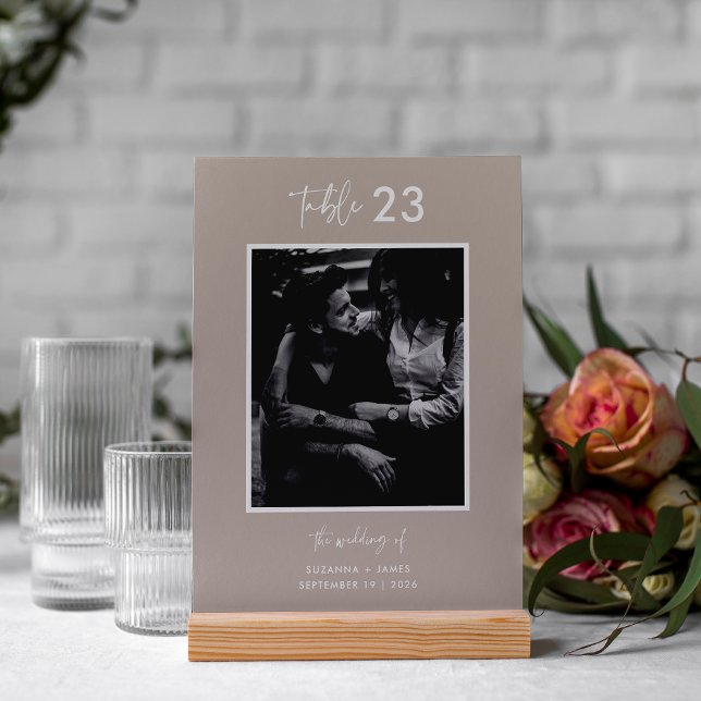 Minimal Taupe Calligraphy Script Photo Wedding Table Number (Creator Uploaded)