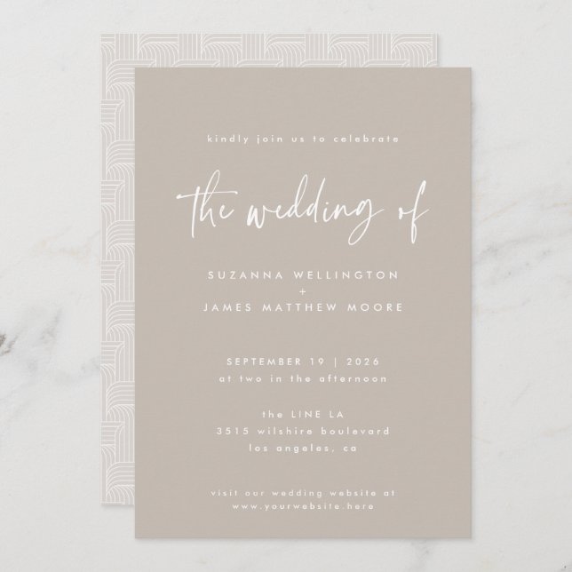 Minimal Taupe White Geometric Handwritten Script  Invitation (Front/Back)