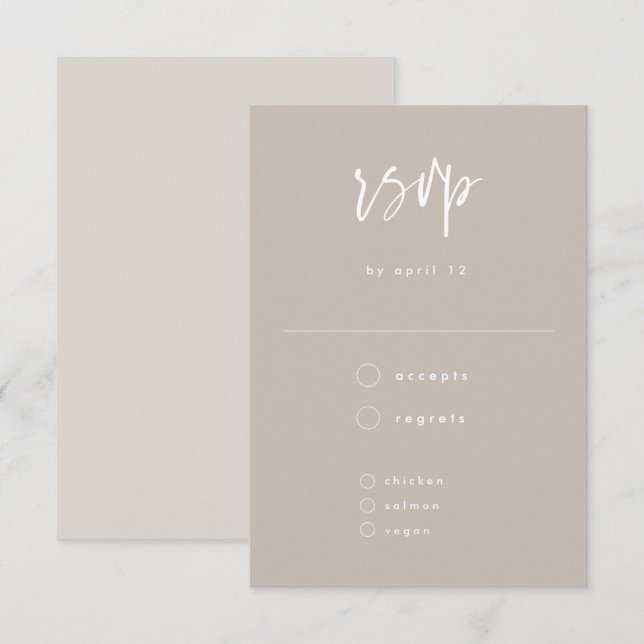 Minimal Taupe White Handwritten Script Wedding RSVP Card (Front/Back)