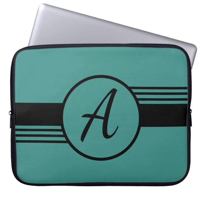 Minimal Teal Blue Monogram Initial Laptop Sleeve (Front)