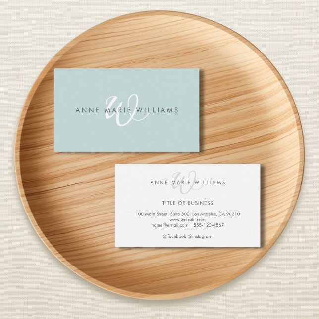 Minimal Teal Green White Script Monogram Business Card (Creator Uploaded)