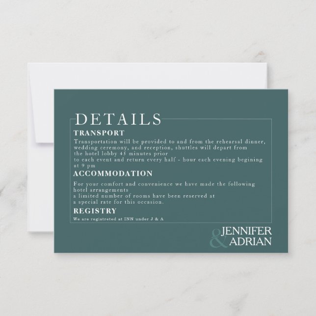 Minimal Teal Wedding Details Invitation (Front)