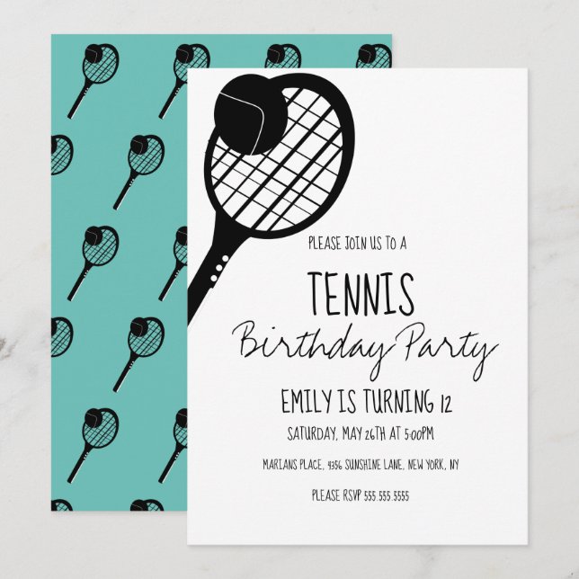 Minimal Tennis Sports Birthday Black White Invitation (Front/Back)