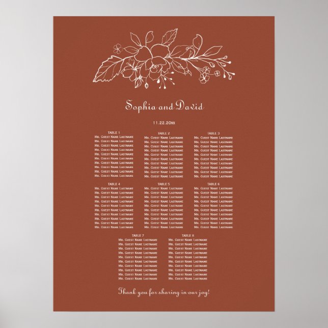 Minimal Terracotta 8 Tables Wedding Seating Chart (Front)