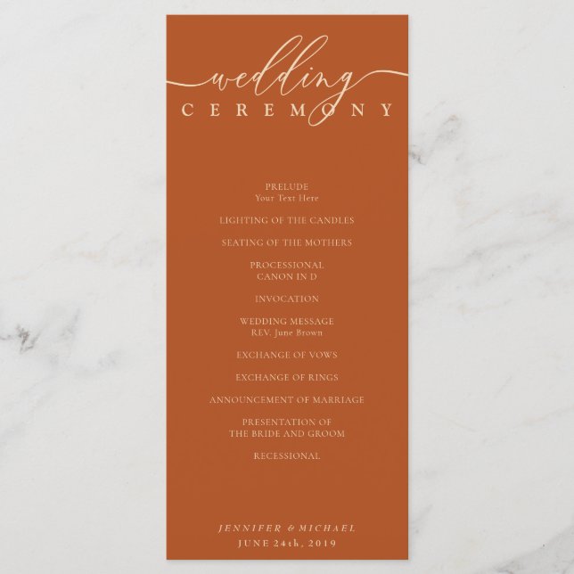 Minimal terracotta Ceremony wedding Programme (Front)