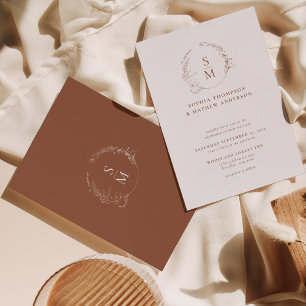 Minimal Terracotta Floral Wreath Monogram Wedding Invitation