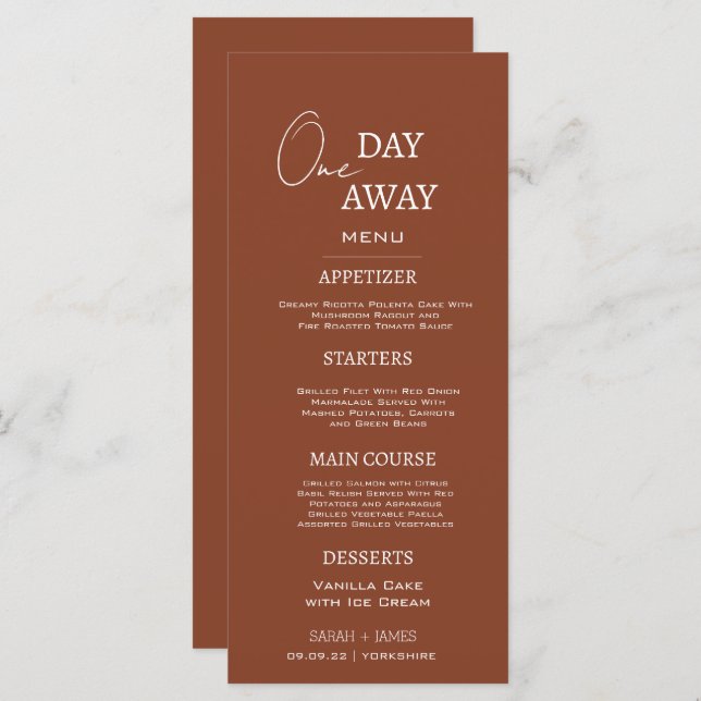 Minimal Terracotta One Day Away Rehearsal Dinner Menu (Front/Back)