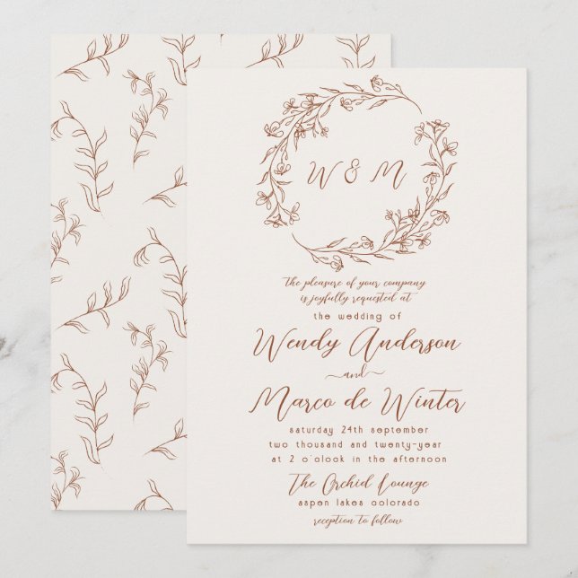 Minimal Terracotta Rust Boho Botanical Wedding Invitation (Front/Back)